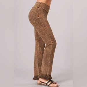 Chatoyant Mineral Wash Crochet Fringe Chestnut Brown ankle crop pant size S
